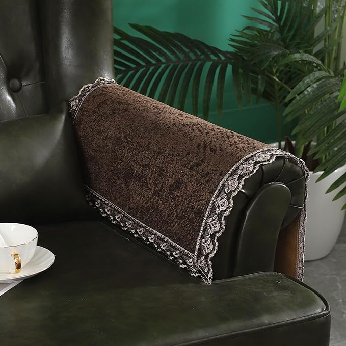 MINJIATEX Couch arm Covers,Non-Slip lace Sofa arm Covers Set of 2 Washable Sofa armrests Covers for Living Room Recliner Chair arm Cover Protectors for Leather Sofa armrest slipcover (GYDF-Brown)
