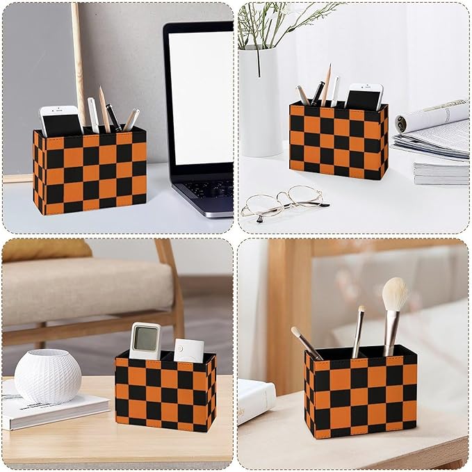 Famame Orange And Black Grid Pattern Pencil Holder for Desk, Leather Desktop Container Pen Cup Storage Study Table Pen Organizer Makeup Brush Holder for Classroom Office Home