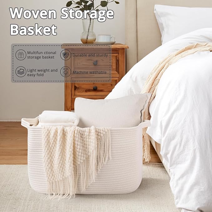White Storage Baskets for Organizing, Toy Basket Storage Kids, Nursery Cotton Rope Baskets for Living Room, Deorative Organizer Bin Box (White)