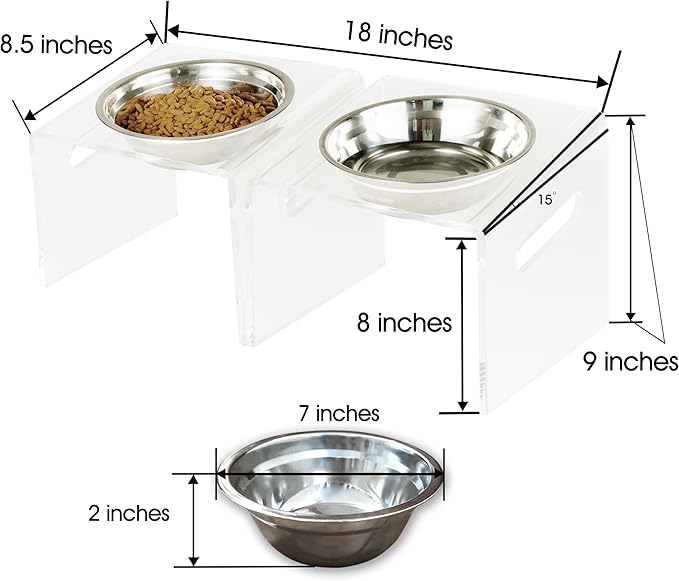 Tilted Raised Elevated Food and Water Bowls Stand for Medium or Large Dogs - Puppy's Clear Acrylic Stainless Steel Dishes Holder for Boy or Girl Pet, Modern, Durable and Easy to Clean (Large-Clear)