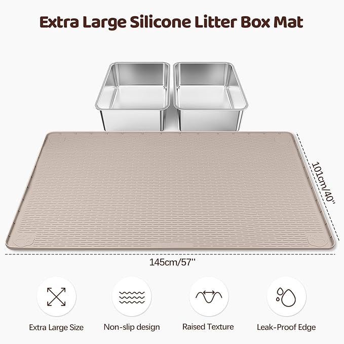 Bartuke Cat Litter Mat, XL Extra Large 57" x 40" Silicone Mat Litter Trapping Mat for Scatter Control, Soft on Kitty Paws, Easy to Clean (Khaki)
