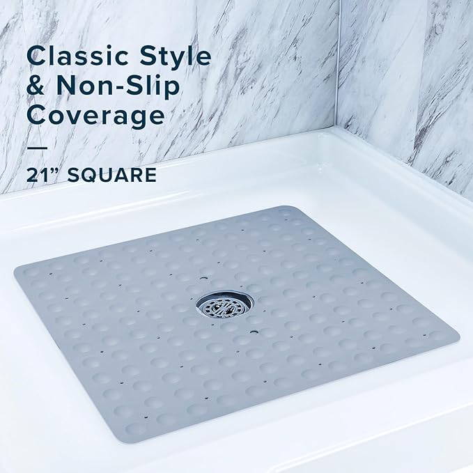 SlipX Solutions Square Natural Rubber Shower Stall Mat, 21” x 21”, Non Slip Safety, Built-in Product Protection, 140 Power Grip Suction Cups, Center Drain Hole, Gray