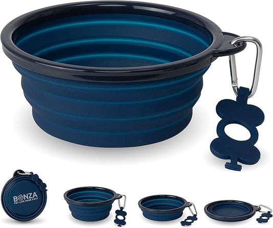 Bonza Collapsible Dog Bowls - Large 33 Oz, Dog Travel Accessories, Silicone Portable Dogs Bowl & Water Dish with Reinforced Rim & Carabiner for Hiking, Camping, and Car Trips, Navy Blue