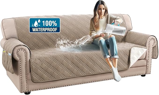 H.VERSAILTEX Sofa Covers Waterproof and Washable Modern Sofa Covers Stay in Place with Elastic Straps Thick and Soft Cat Couch Protector (Sofa, Taupe/Beige)