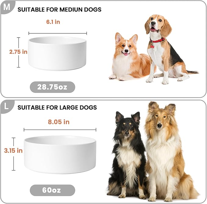 Ceramic Dog Bowls Replacement Set of 2, Compatible with Medium Elevated Stand, 28.75 oz Heavyweight Food-Grade Feeding Bowls for Small & Medium Dogs, Microwave & Dishwasher Safe (White, 3.6 Cups)