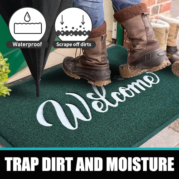 T.HENV Christmas Door Mat Outdoor, 30x17.5 Waterproof All-Season Front Door Mat Outside Entrance, All-Weather Quick Drying, Low Profile Doormat Indoor, Patio Porch Entryway Mats, Green-White