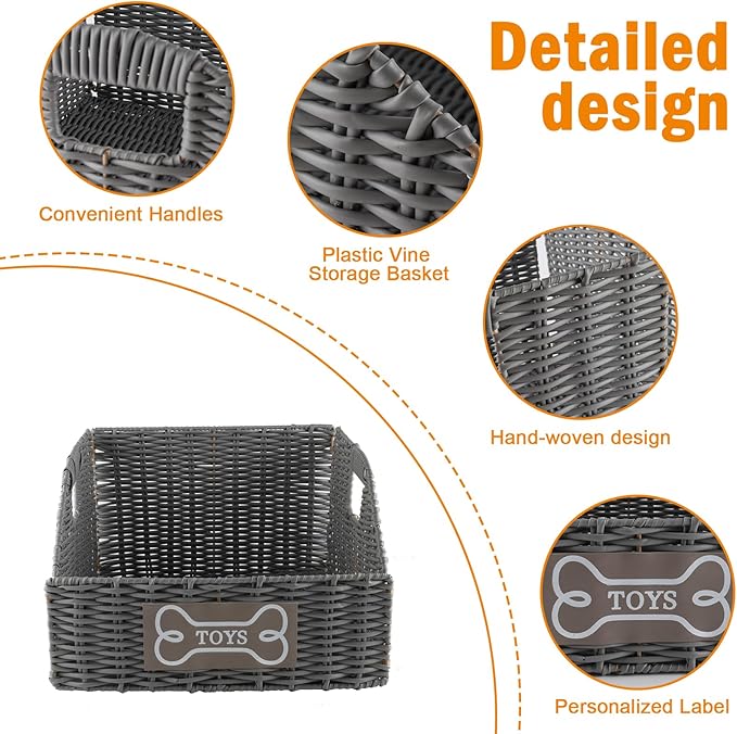 Geyecete Wicker Dog Toy Basket, Collapsible Plastic Vine Storage Bin with Handles, Grey, 840 Count, Pet Organization, Living Room, Bedroom, Bathroom, Nursery Room