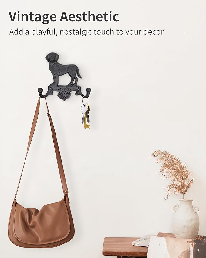 Cast Iron Dog Wall Hooks for Hanging, Heavy Duty Dog Leash Holder for Wall Mount Coat Hooks Decorative Key Hanger Vintage Farmhouse Entryway Cute Animal Decor Rustic Black 2 Pack