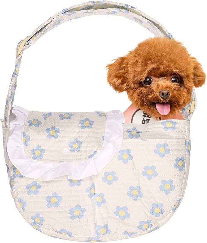 Floral Dog Carrier Bag for Cats & Small Dogs,Carry 10-20LBS Pet Purse, Hands-Free Cat Sling with Adjust Strap, Crossbody Puppy Sling Bag with Safety Buckle, Gifts for Pets Mom (Blue Daisy, Medium)
