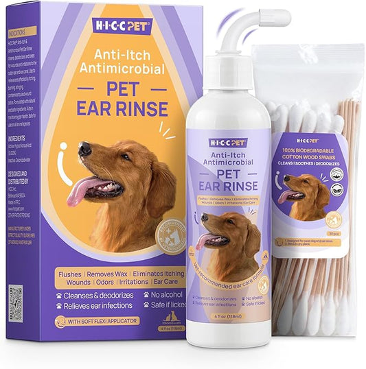 HICC PET Dog Ear Cleaner Solution Vet-Recommended Dog Ear Infection Treatment to Soothe Itchy & Inflamed Ear Drops for Dogs & Cats to Gently Removes Debris, Wax Buildup, Odor - 4 fl oz