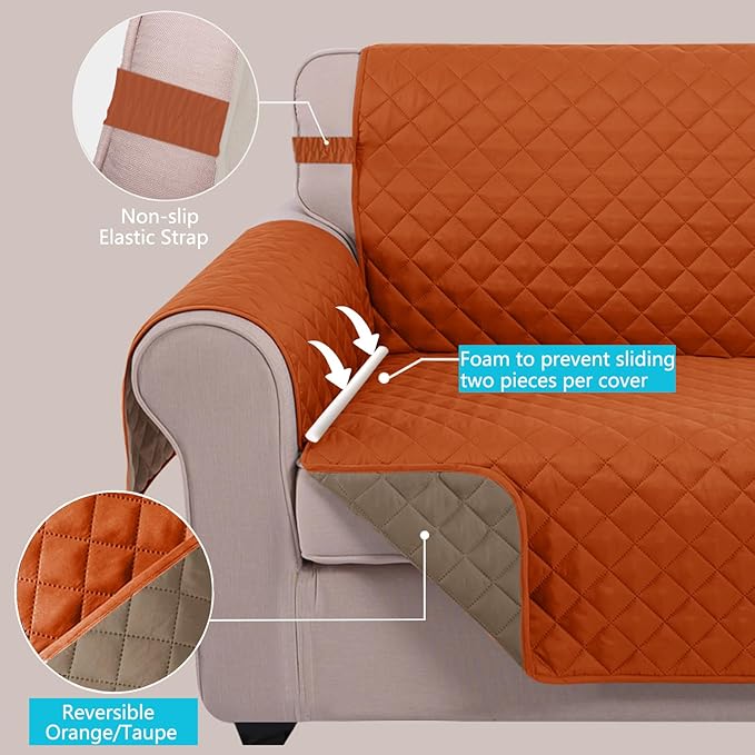 U-NICE HOME Large Sofa Cover Reversible Couch Cover for Dogs with Elastic Straps Water Resistant Furniture Protector for 4 Cushion Couch (Oversized Sofa, Orange/Taupe)