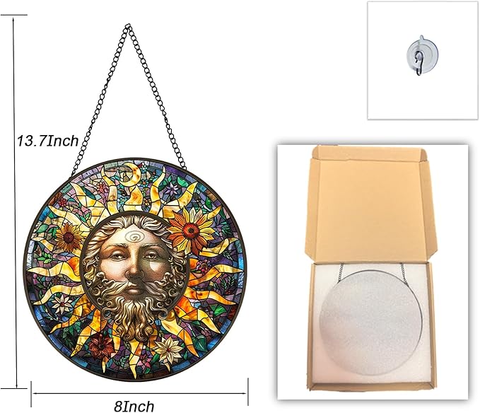 Moon Suncatcher 8 Inch Stained Glass Window Hanging Diamond Chain Hooks – Indoor/Outdoor Window Wall Art Home Décor -Gift for Women Men Valentine's Day Thanksgiving Ornaments Festival Gifts