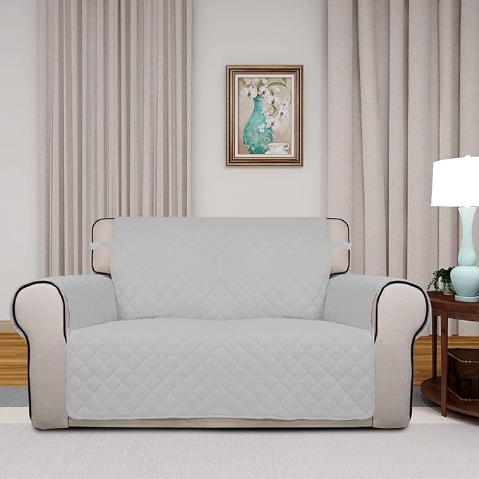 PureFit Reversible Quilted Sofa Cover, Water Resistant Slipcover Furniture Protector, Washable Couch Cover with Non Slip and Elastic Straps for Kids, Pets (Loveseat, Light Gray/Ivory)