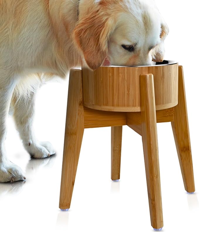 Elevated Dog Bowls for Large Breed - (15-Inch High) Raised Bamboo Holder with Stainless Dish - Suitable for Dry and Wet Pet Food - Tall Stand, Deter Ants/Bugs