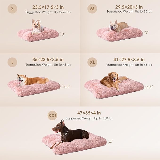 EHEYCIGA Fluffy Dog Bed, Plush Faux Fur Crate Pad, Calming Anti Anxiety Small Dog Bed, Washable Soft Warm Crate Mat with Non-Slip Bottom, Pink