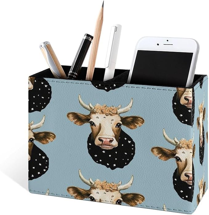 Famame Flowers on Milk Cow Pencil Holder for Desk, Leather Desktop Container Pen Cup Storage Study Table Pen Organizer Makeup Brush Holder for Classroom Office Home
