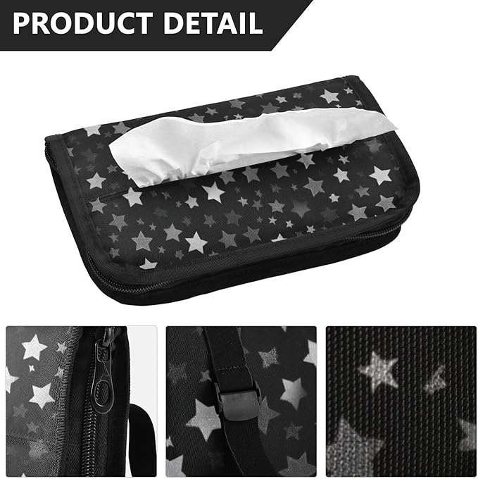 Car Tissue Holder Car Napkin Holder Car Tissue Box Dispenser Storage Case Sun Visor Mask Holder with Adjustable Straps Reusable Refillable Cute Silver and Gray Stars
