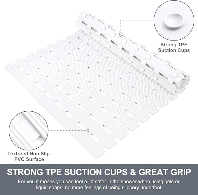 Yolife Quick Drain Shower Mat, 24.8 x 15.8 inch Power Grip Shower Mat Non Slip, Raised Non Slip Shower Mats for Inside Shower, Heavy Duty Curlable Stand up Shower Floor Mat,White