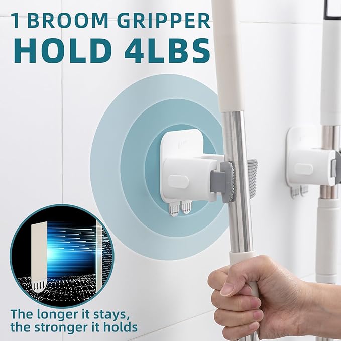 TAILI Mop and Broom Holder Wall Mount Grippers, 3 Hangers and 8 Adhesive Strips, Damage Free Hanging Wall Mount, Household Cleaning Organizer for Organization and Storage, Holds up to 4 lbs, Grey