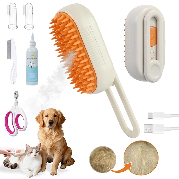 Cats Steam Brush for Cats,Rechargeable Grooming Tool for Cats & Dogs, Anti-Static Design, Delivers Massage, Cleansing, Shedding, Include Flea Comb, Nail Clippers, Pet Toothbrush,Cleaning Solution