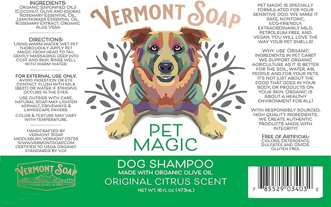 Vermont SOAP Organics Pet Shampoo - Infused with Organic & Natural Olive Oil, Coconut & Aloe Vera Dog Shampoo for Sensitive Skin - USDA Certified Grooming Pet Shampoo - Original Citrus (16oz)
