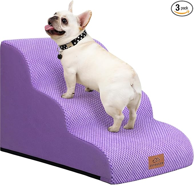 Zerbuger Dog Ramp and Stair for Bed 16" H-20 H,3-Step Cat Stair for Sofa and Chair,4-Step Dog Ramp for High Bed and Window,Durable Nonslip Fabric Stair for Indoor (Purple-16 H, Pet Friendly, 3)