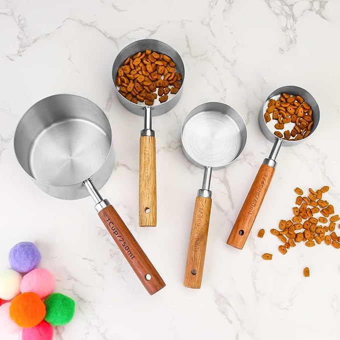 Dexspoeny 4 Packs Dog Food Scoop Measuring Cup with Wooden Handle, Stainless Steel Pet Food Scoop Dog Food Measuring Cup for Dogs Cats Birds and Rabbits, 1 Cup, 1/2 Cup, 1/3 Cup and 1/4 Cup 4 Packs