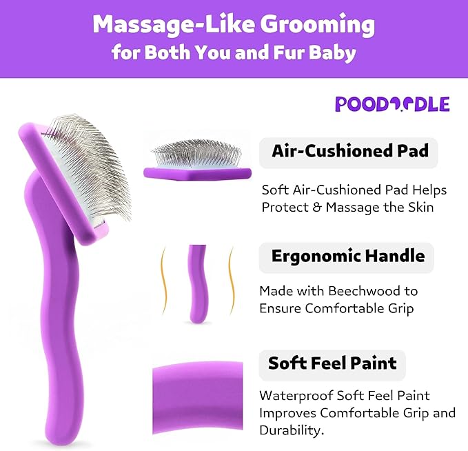 Poodoodle Small Slicker Brush, Purple, Hair Brush for Curly Wavy Haired Dogs - Poodles, Doodles, Bichon, Bernese Mountain Dog, Cocka Spaniels - Detangling, Grooming, Deshedding - 1 inch