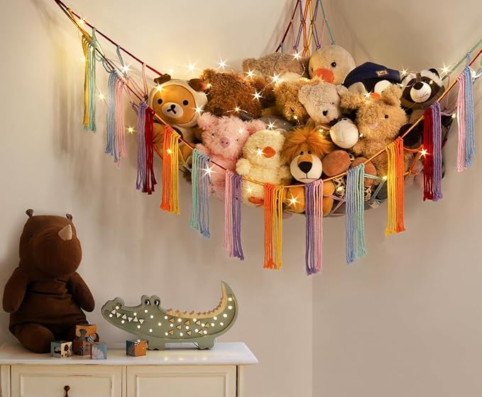 RelaxScene Stuffed Animal Storage Hammock Corner X-Large with LED Light - Baby Hammock Hanging Holder Plushies Net for Stuff Animals Organizer - Cute Room Decor Aesthetic Kids Toddler Nursery Bedroom