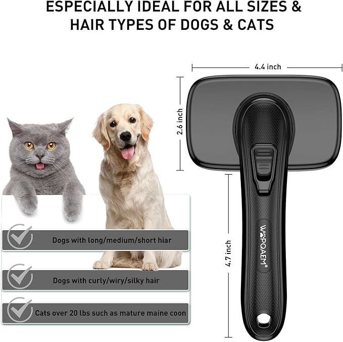 Dog Brush for Shedding & Grooming for Dogs, Cats, and Puppies - Self Cleaning Shedding Brush for Long and Short Haired Lengths Sensitive Pets, Black