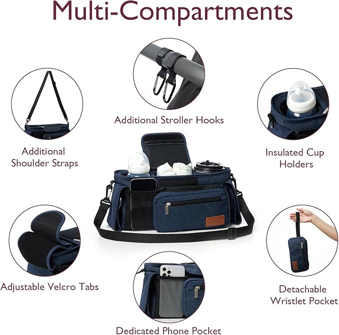 Momcozy Universal Baby Stroller Organizer, 2 Insulated Cup Holder, Detachable Zippered Pocket, Adjustable Shoulder Strap, Large capacity for baby essentials, Compact Design Fits Any Strollers