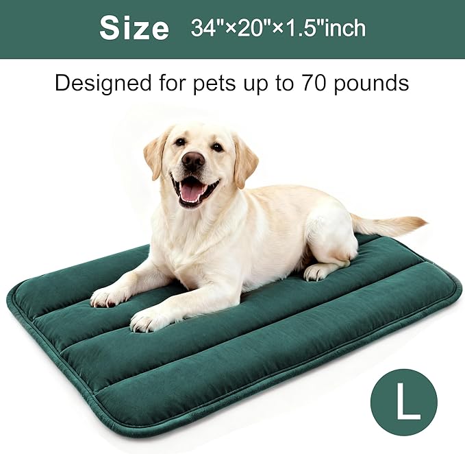 Dog Bed Mat, Reversible Dog Crate Pad with Washable Kennel Mat and Soft Foam, Flat Pet Bed for Dogs & Cats, for Crates Carriers & Travel (Green, 34" L*20" W*1.5" Th)