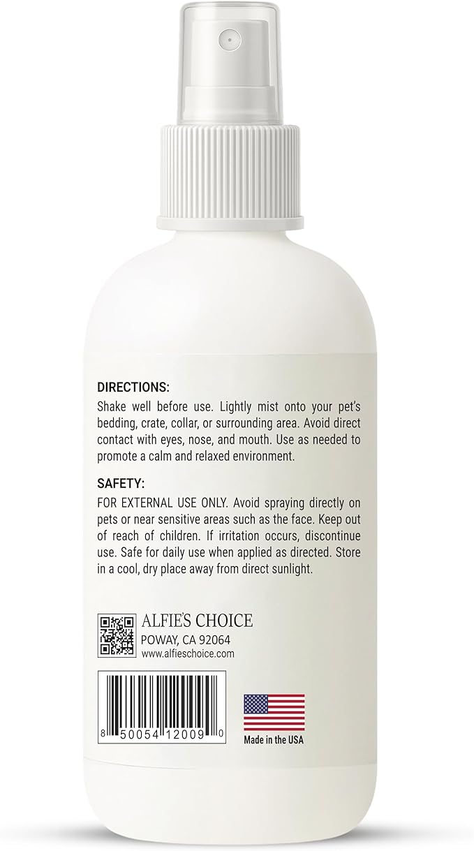ALFIE'S CHOICE Pet Calming Aromatherapy Spray - Cat Calming Spray for Indoor Use & Travel - Dog Relaxation Mist with Essential Oils - Natural Scent for Grooming, Loud Noises - 3.4 fl oz