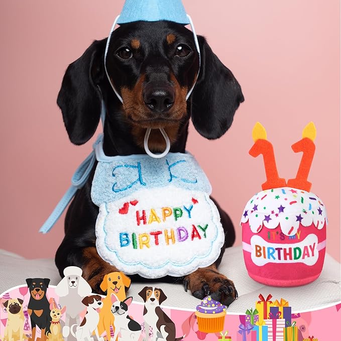 Dog 11th Birthday Cake Toy Accessories for Girl Boy Gifts, Pink Squeaky Plush Toy for Dog Birthday Party Decor Favor for Large, Medium and Small Dogs