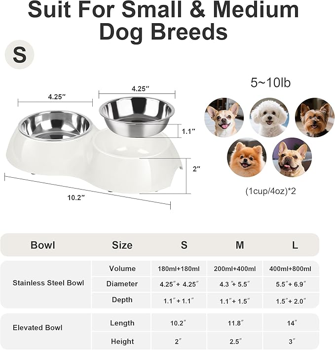 Petvillage Stainless Steel Dog Bowls Set – Dual Non-Slip Pet Dishes with 2 Small (4oz*2) Bowls & Durable Resin Stand,Food & Water Feeder for Kittens– White
