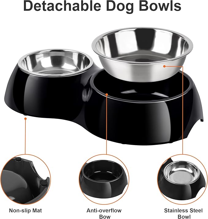 PetVillage Double Dog Bowls Set – Non-Slip Pet Food & Water Dishes with Resin Stand, Includes Small (1 Cup) & Medium (2 Cups) Bowls – Ideal for Puppies and Cats –Black