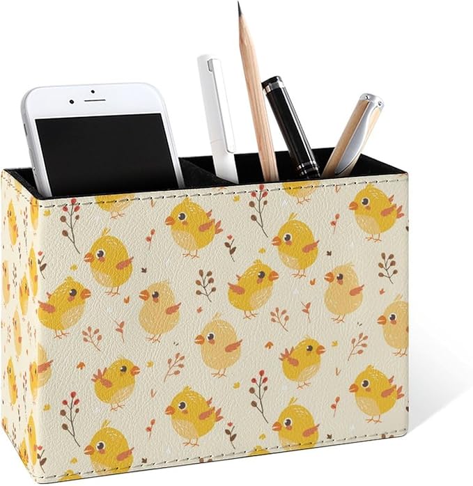 Famame Cute Yellow Chicks Leaves Pencil Holder for Desk, Leather Desktop Container Pen Cup Storage Study Table Pen Organizer Makeup Brush Holder for Classroom Office Home
