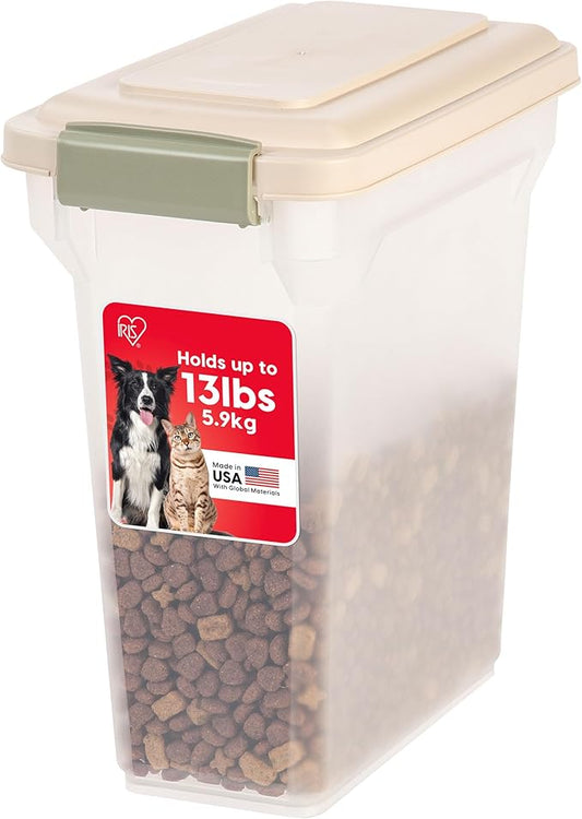 IRIS USA 13 Lbs / 15 Qt WeatherPro Airtight Pet Food Storage Container, for Dog Cat Bird and Other Pet Food Storage Bin, Pet Supplies, Keep Fresh, BPA Free, Clear/Almond