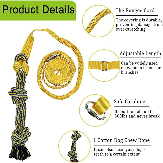 SYOOY Dog Bungee Tug Toy Hanging from Tree,Outdoor Tug of War Interactive Tether Dog Rope with Chew Lure for Small Medium Large Dogs (Yellow)