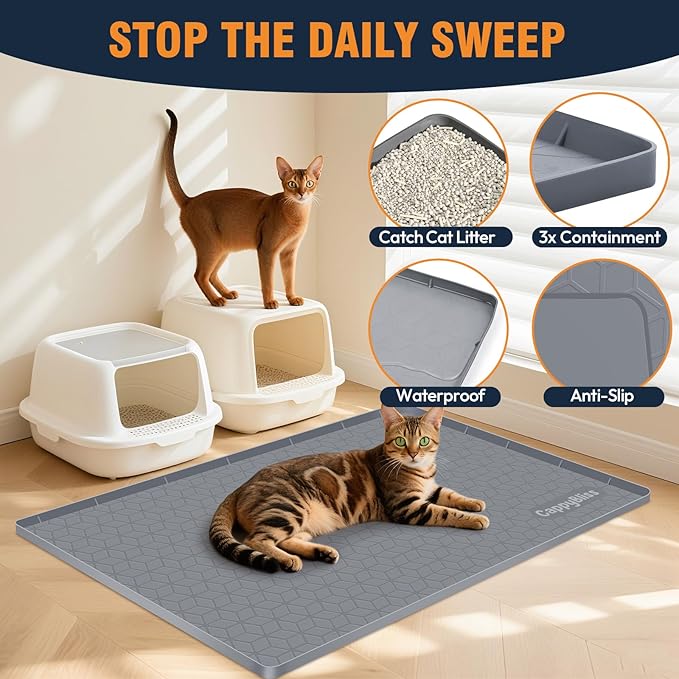 Large Cat Mat for Litter Box, 34"x22" Waterproof Silicone Mat with Litter Trapping, Easy Clean & Non-Slip Floor Pad for Indoor Cats, Khaki