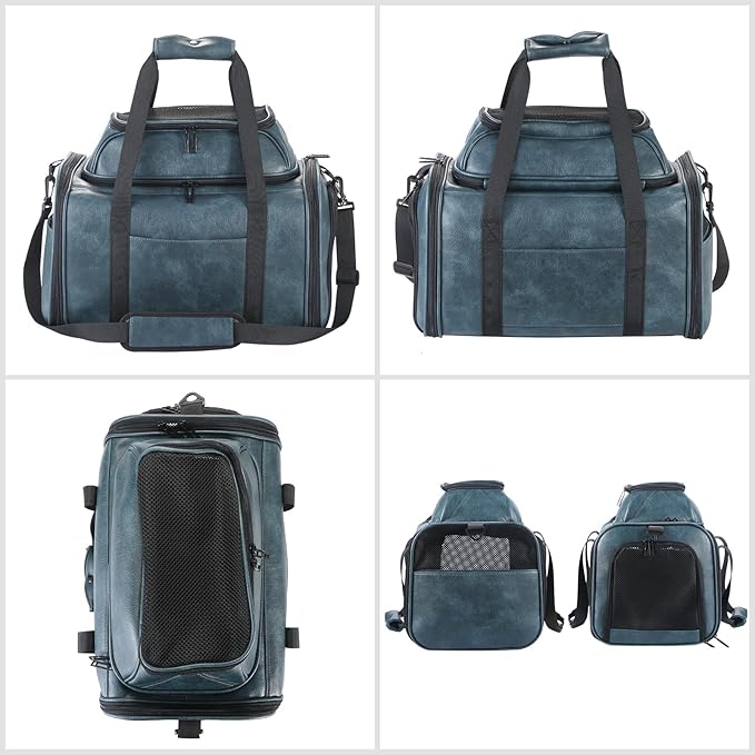 Bosnanller Premium Leather Top Expandable Pet Carrier for Small Dogs & Cats Under 15 lbs, Airline Approved Collapsible Soft-Sided Luxury Travel Bag Blue