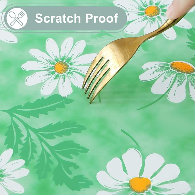 misaya Rectangle Waterproof Vinyl Table Cloth, Wipeable Tablecloth with Flannel Backing, Plastic Table Cover for Dinner, Picnic, Indoor and Outdoor (Green Daisy, 60" x 84")