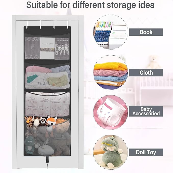 Hanging Stuffed Animal Storage, Over Door Large Plush Toy Organizer with Metal Hook, Baby Accessory Holder Idea for Nursery, Doll & Bear Mesh Hammock Bag for Girl Boy Kid Room
