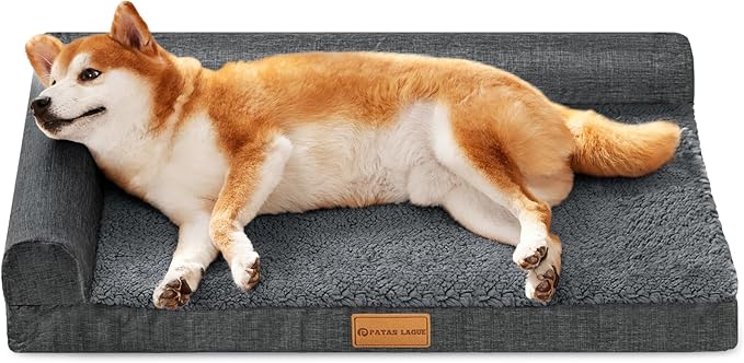 Patas Lague Orthopedic Dog Bed Medium Size Dog 30''X20'', Waterproof L Bolster Medium Pet Sofa Beds with Removable Washable Cover, Soft Pet Couch Crate Mat with Nonskid Bottom, Dark Grey