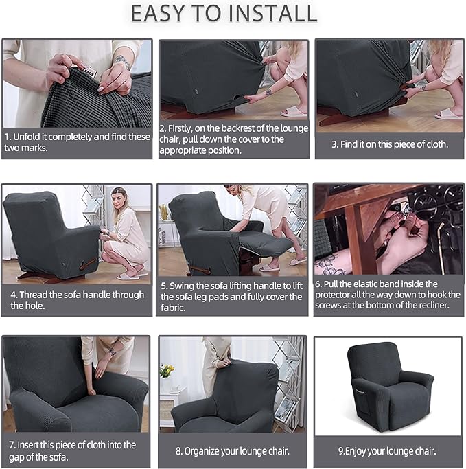 KEKUOU Recliner Chair Covers Lazy Boy Recliner Covers Stretch Couch Cover Slipcovers 1 Piece Furniture Protector with Elastic Bottom for Dog,Kids.(Recliner, Charcoal)
