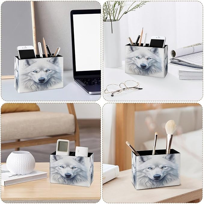 Famame White Wolf Fox Head Pencil Holder for Desk, Leather Desktop Container Pen Cup Storage Study Table Pen Organizer Makeup Brush Holder for Classroom Office Home