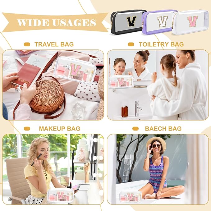 Personalized Initial Letter Clear Makeup Bag,Preppy Small Nylon&PVC Cosmetic Zipper Bag with Chenille Letter,Travel Skincare Toiletry Bag,Monogram Christmas Gift for Teen Girls Women,V