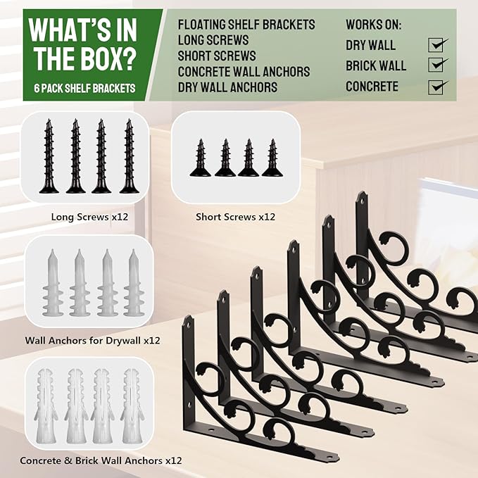 L Shelf Brackets for 12" - 14" Board, Floating Shelf Bracket Heavy Duty Metal Shelving Brackets for Shelves, Decorative Iron Rustic Wall Brackets for DIY Floating Shelf, 6 Pack Black