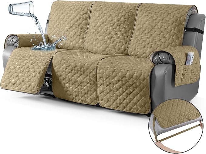 TAOCOCO 100% Waterproof Recliner Couch Covers, Recliner Sofa Covers with Leg Straps, 1-Piece Washable Reclining Sofa Cover with Pocket Couch Protector for Pets Kids(3 Seater, Camel)