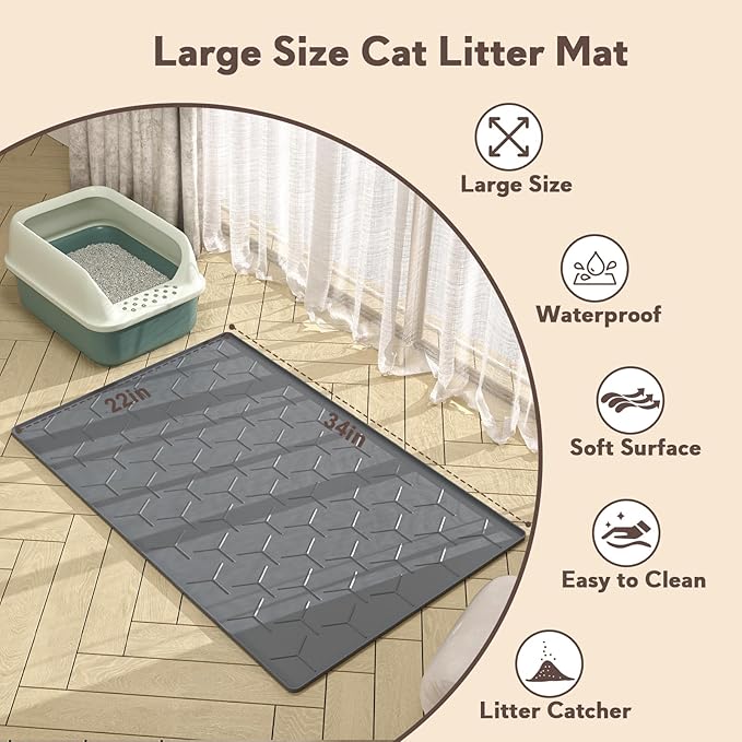 Garoopion Cat Litter Box Mat, Large 34" X 22" Cat Litter Mat, Waterproof Silicone Pad for Floor, Dark Gray